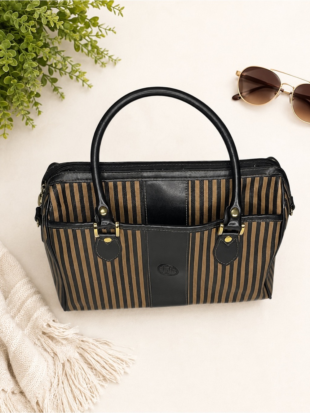 Vintage Brown & Black Striped Satchel Handbag Faux Leather Trim Purse